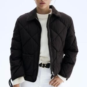 H&M Women Small Quilted Jacket Dark Brown Corduroy Collar Boxy Fit